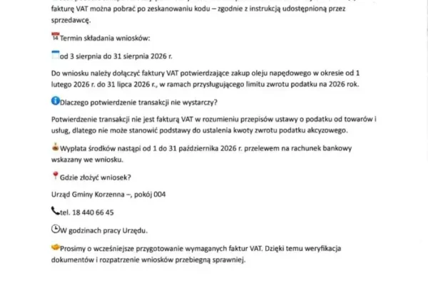 Zasady przyjmowania wniosków o zwrot podatku akcyzowego w sierpniu 2026 r.