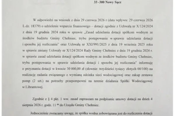 Gmina Chełmiec przekazała 30 tys. zł na modernizację wodociągów w Librantowej