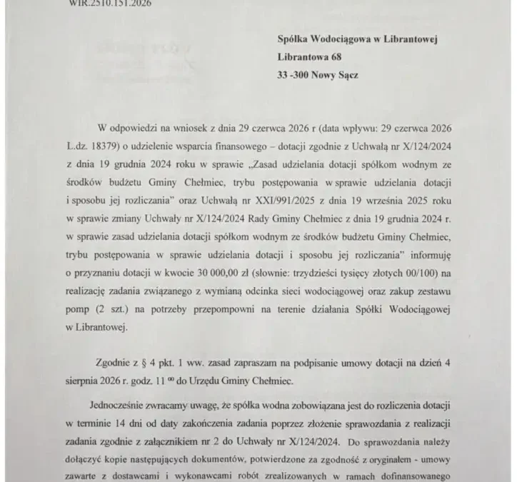 Gmina Chełmiec przekazała 30 tys. zł na modernizację wodociągów w Librantowej
