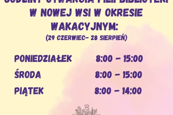 Wakacyjne godziny otwarcia biblioteki w Nowej Wsi