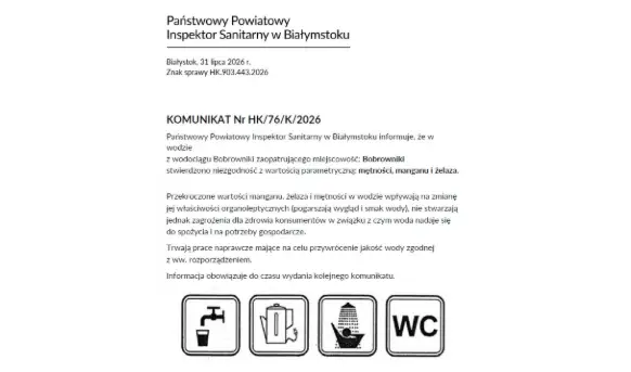 Jakość wody w Bobrownikach: przekroczone mętność, mangan i żelazo – woda nadal zdatna do picia