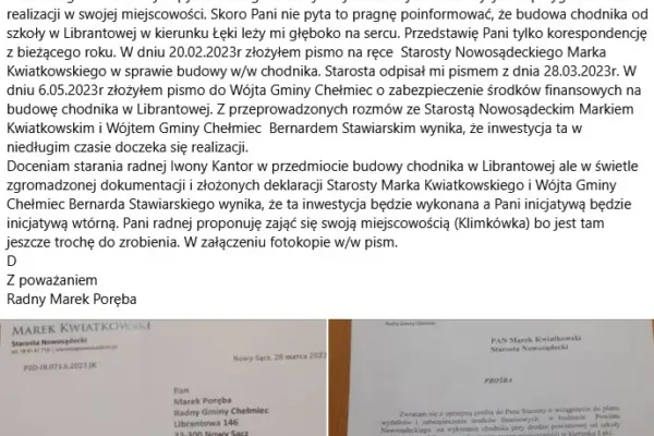 Wójt Chełmca: Radni opozycji sabotują inwestycje, ale chodnik w Librantowej powstaje
