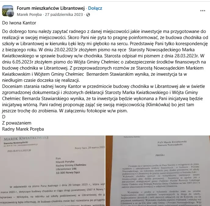 Wójt Chełmca: Radni opozycji sabotują inwestycje, ale chodnik w Librantowej powstaje