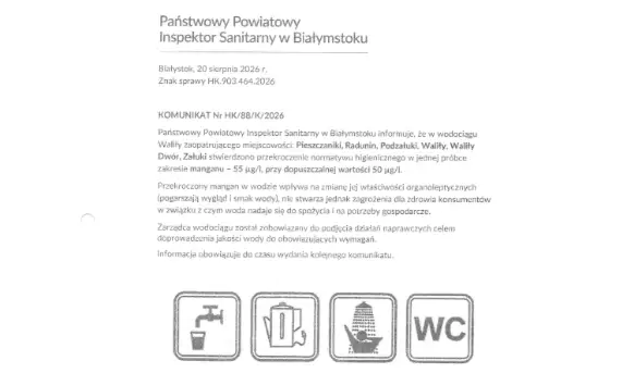 Przekroczenie manganu w wodociągu Waliły – woda nadal zdatna do spożycia