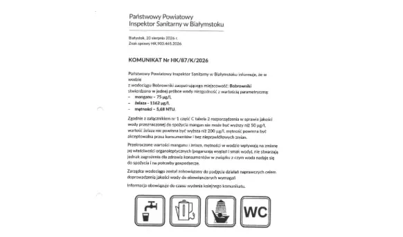 Jakość wody w Bobrownikach: przekroczone normy manganu, żelaza i mętności