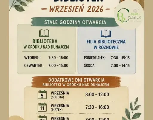 Godziny otwarcia bibliotek w Gródku nad Dunajcem i Rożnowie – wrzesień 2026