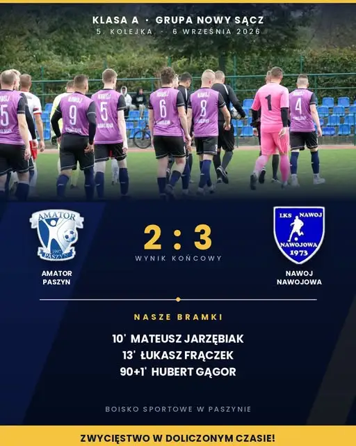 Klasa A: Nawoj Nawojowa wygrał w Paszynie 3:2 po golu w doliczonym czasie