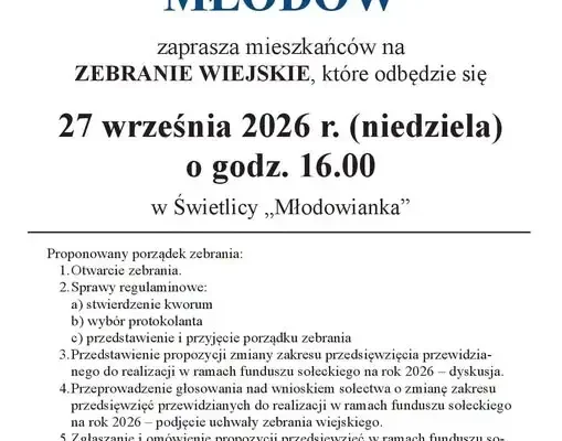 Zebranie wiejskie w Młodowie – 27 września 2026 r.