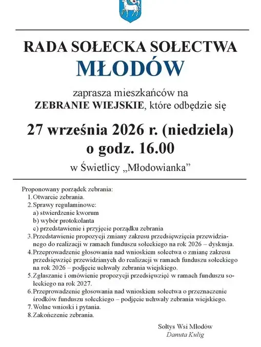 Zebranie wiejskie w Młodowie – 27 września 2026 r.