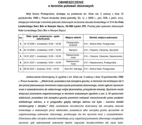Polowania zbiorowe w obwodzie nr 214 Koła Łowieckiego Darz Bór – harmonogram na sezon 2026/2027