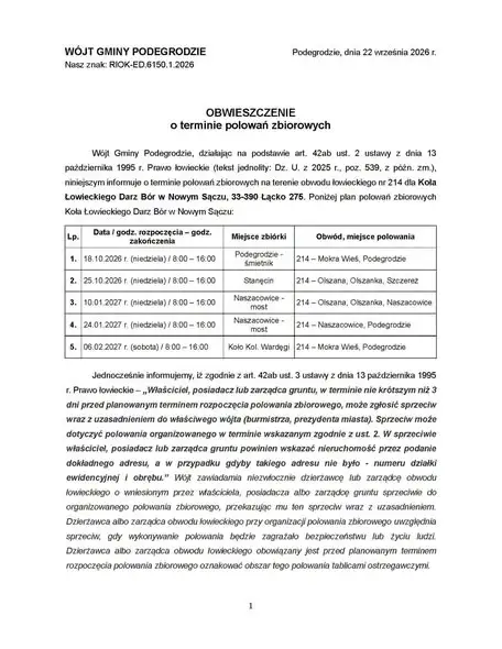 Polowania zbiorowe w obwodzie nr 214 Koła Łowieckiego Darz Bór – harmonogram na sezon 2026/2027