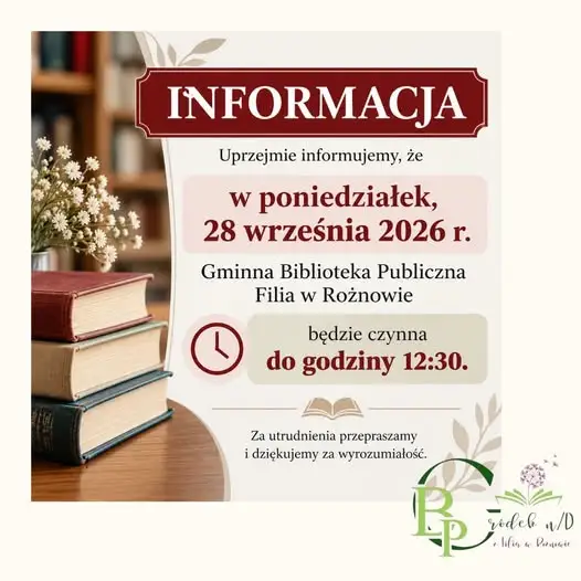 Biblioteka w Rożnowie w poniedziałek czynna tylko do 12:30