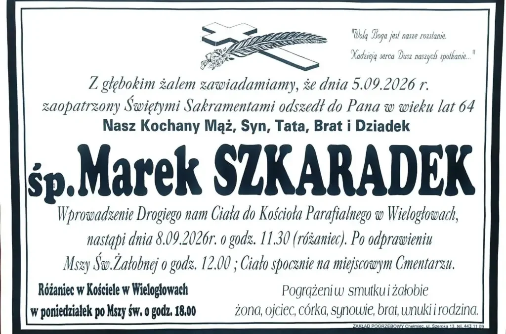 Kondolencje dla Dyrektor GOPS w Chełmcu po śmierci Marka Szkaradka