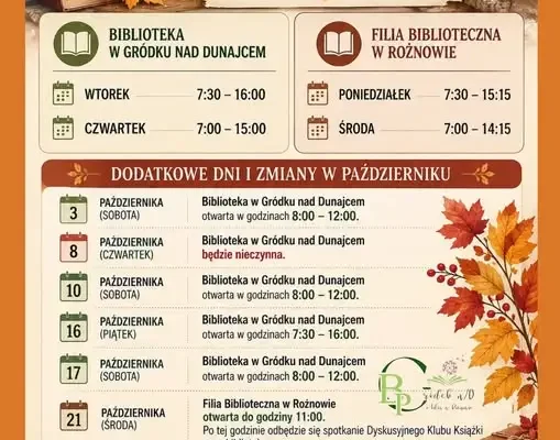 Biblioteki w Gródku nad Dunajcem i Rożnowie – godziny otwarcia w październiku 2026