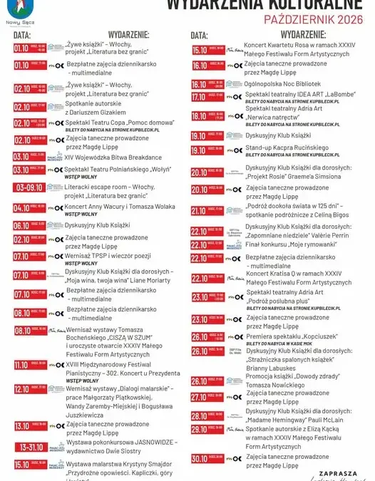 Październik pełen kultury w Nowym Sączu – sprawdź harmonogram wydarzeń