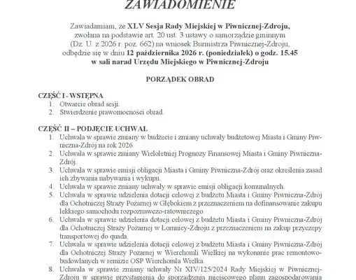 XLV Sesja Rady Miejskiej w Piwnicznej-Zdroju – porządek obrad i projekty uchwał