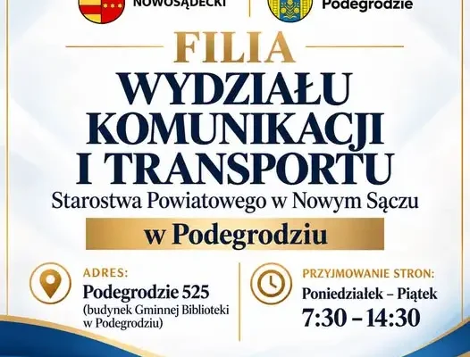 Filia Wydziału Komunikacji w Podegrodziu – rejestracja pojazdów bliżej domu