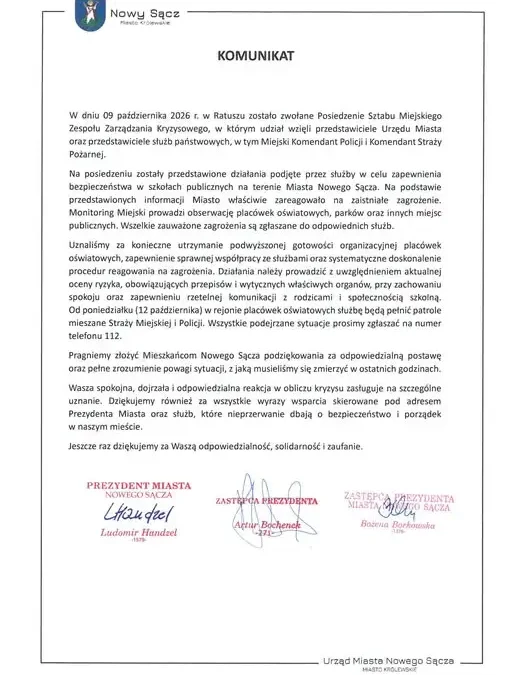 Nowy Sącz: Sztab kryzysowy i wzmożone patrole przy szkołach od poniedziałku