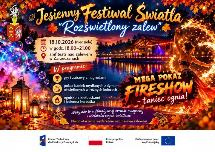Jesienny Festiwal Światła „Rozświetlony Zalew” w Zarzeczanach – magia, ogień i kolory