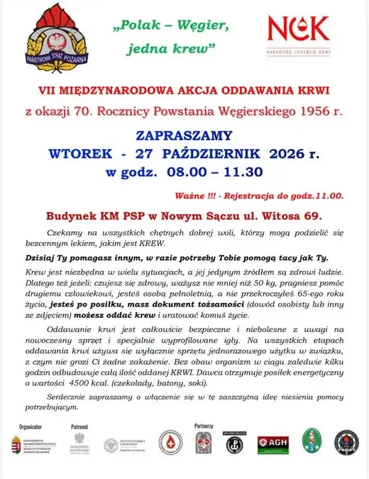 VII Międzynarodowa Akcja Krwiodawstwa „Polak – Węgier. Jedna krew!” w Nowym Sączu