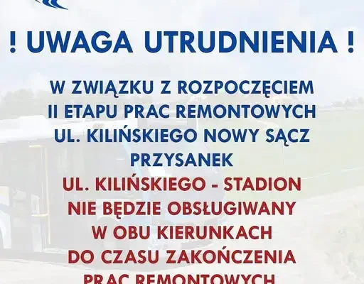 Nowy Sącz: remont ul. Kilińskiego – przystanek Stadion zamknięty, pasażerowie muszą korzystać z innych przystanków