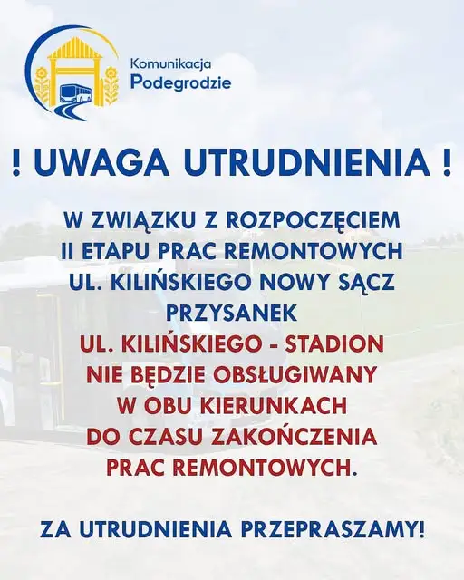 Nowy Sącz: remont ul. Kilińskiego – przystanek Stadion zamknięty, pasażerowie muszą korzystać z innych przystanków